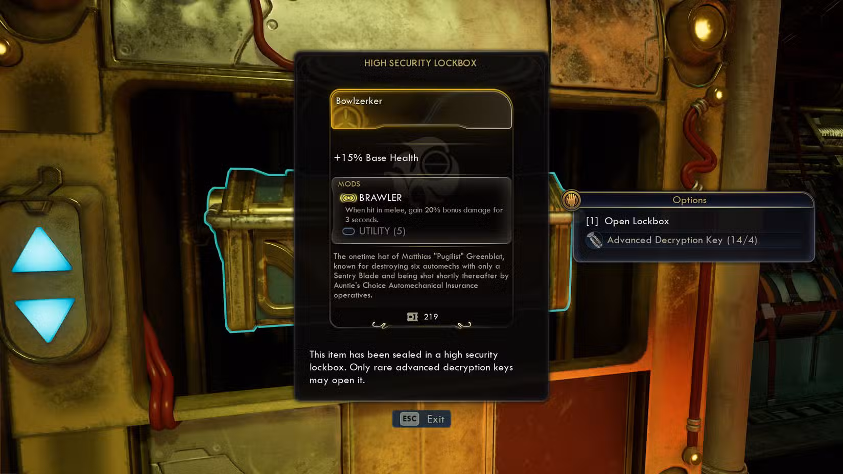 Uma captura de tela de The Outer Worlds 2 mostrando a descrição do cofre Bowlzerker