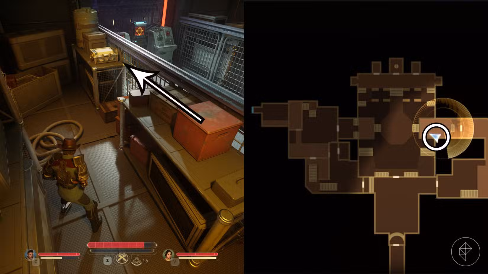 Uma montagem de duas capturas de tela de The Outer Worlds 2 mostrando a localização do cofre do Auto-hacker 5.000