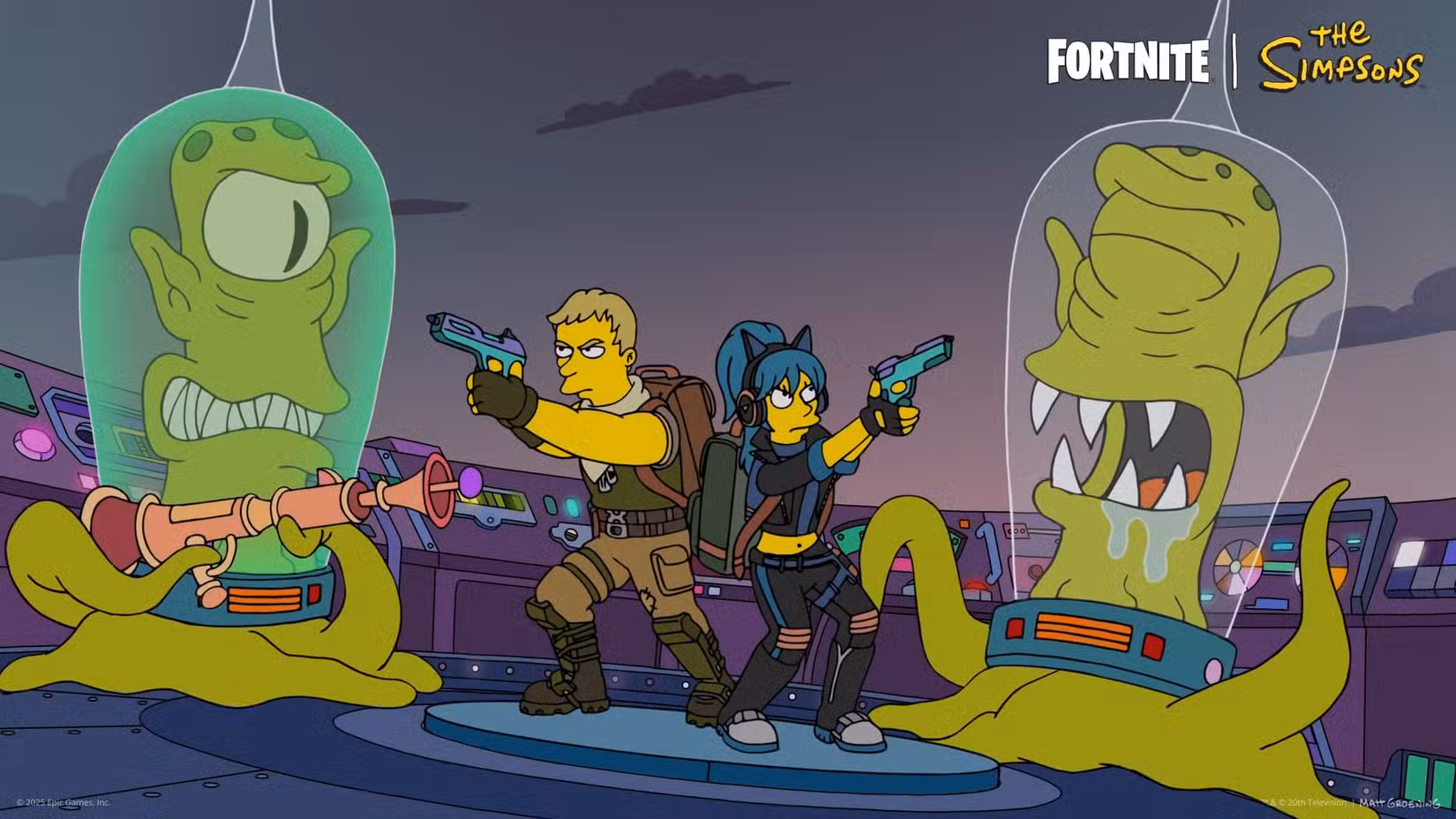 Kang, Kodos, Jonesy e Hope nas principais artes da nova temporada de Os Simpsons de Fortnite.