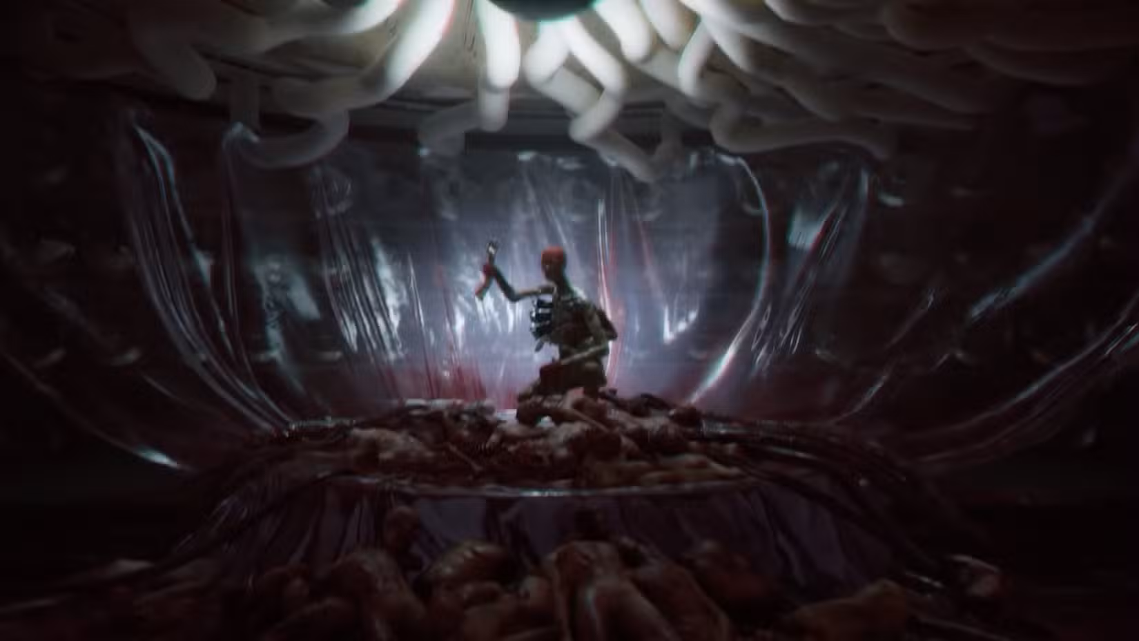 Uma estranha criatura humanóide está ajoelhada no meio de uma sala, cercada por cadáveres.