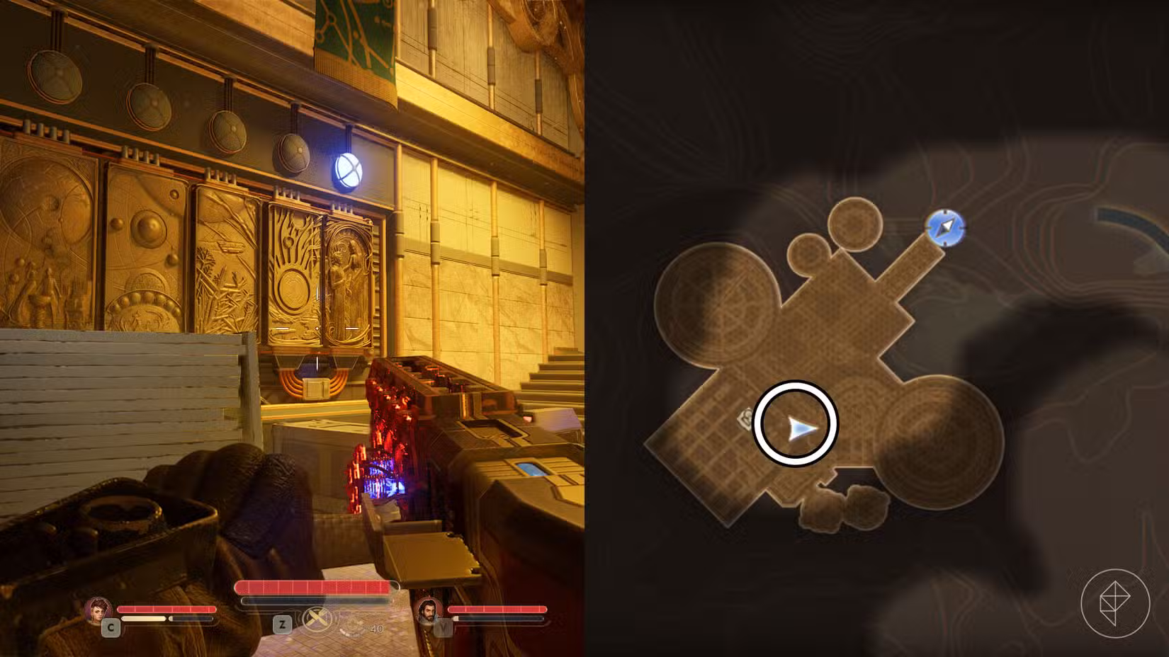 Uma montagem de duas capturas de tela de The Outer Worlds 2 mostrando a localização do pedaço do mural número 4