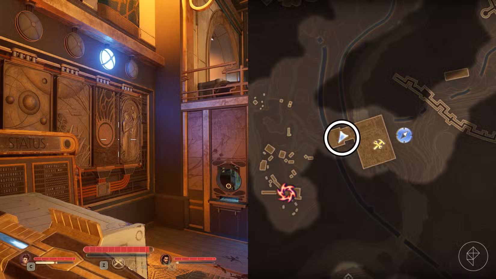 Uma montagem de duas capturas de tela de The Outer Worlds 2 mostrando a localização do pedaço do mural número 2