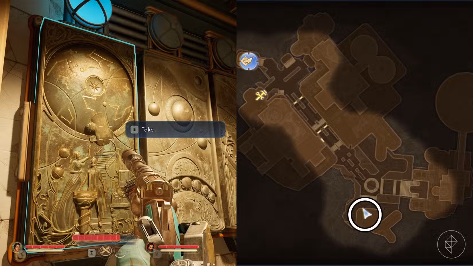 Uma montagem de duas capturas de tela de The Outer Worlds 2 mostrando a localização do pedaço do mural número 5