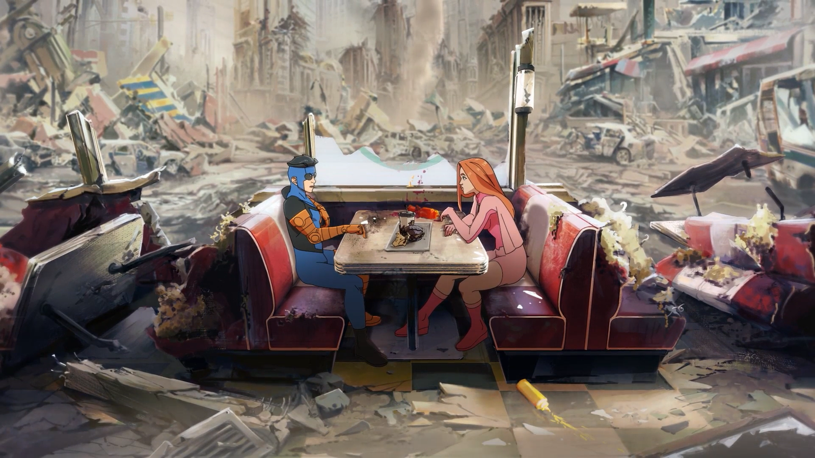 Invincible e Atom Eve sentados em um Burger Mart destruído em um teaser trailer da 4ª temporada de Invincible.