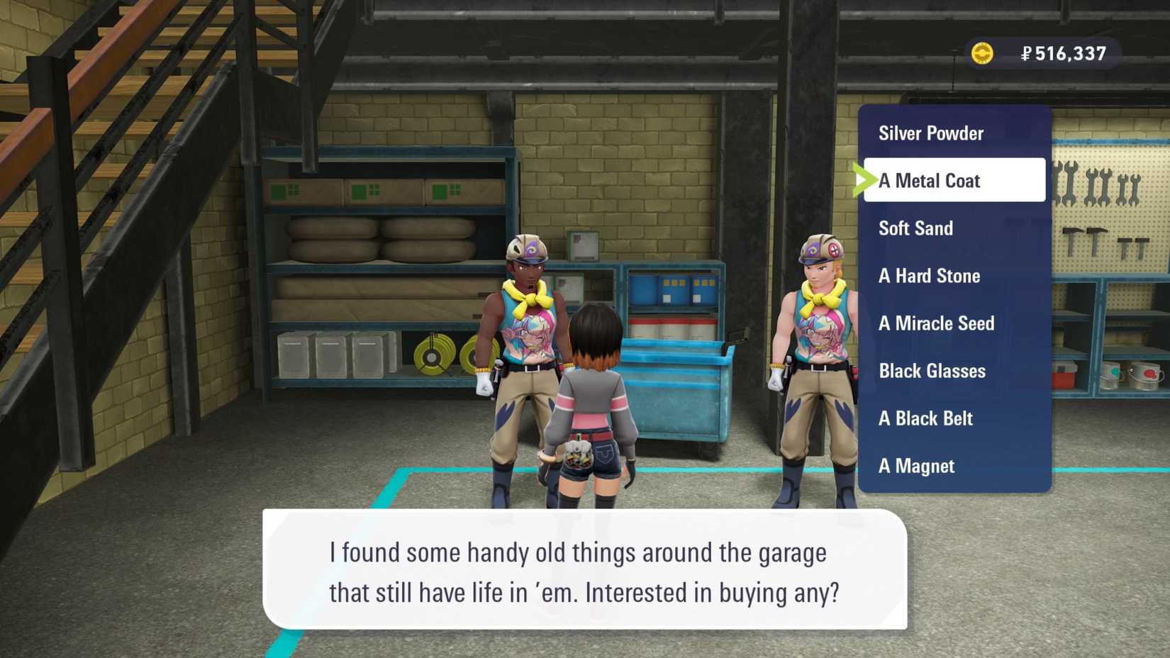 Um jogador em Pokémon Legends: ZA fica na frente de um trabalhador para comprar um Metal Coat