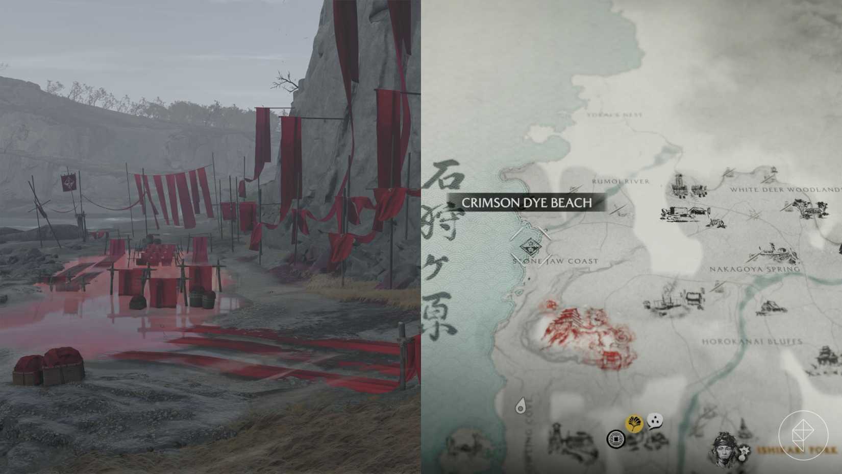 A localização da Praia Crimson Dye marcada no mapa de Ghost of Yotei.