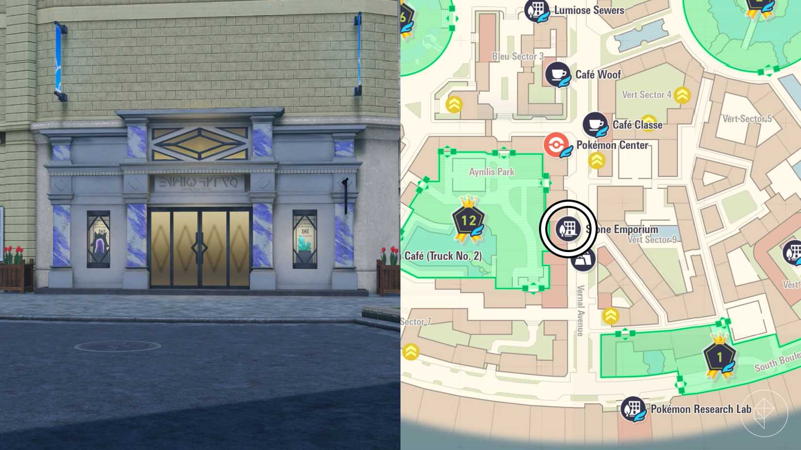 Localização do Stone Emporium marcada no mapa de Pokémon Legends: ZA.