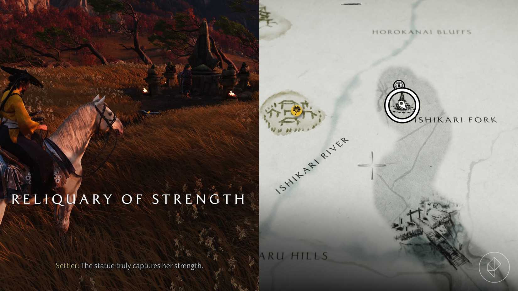 Um Monta usando duas imagens de Yōtei para mostrar onde os jogadores podem encontrar o relicário de força