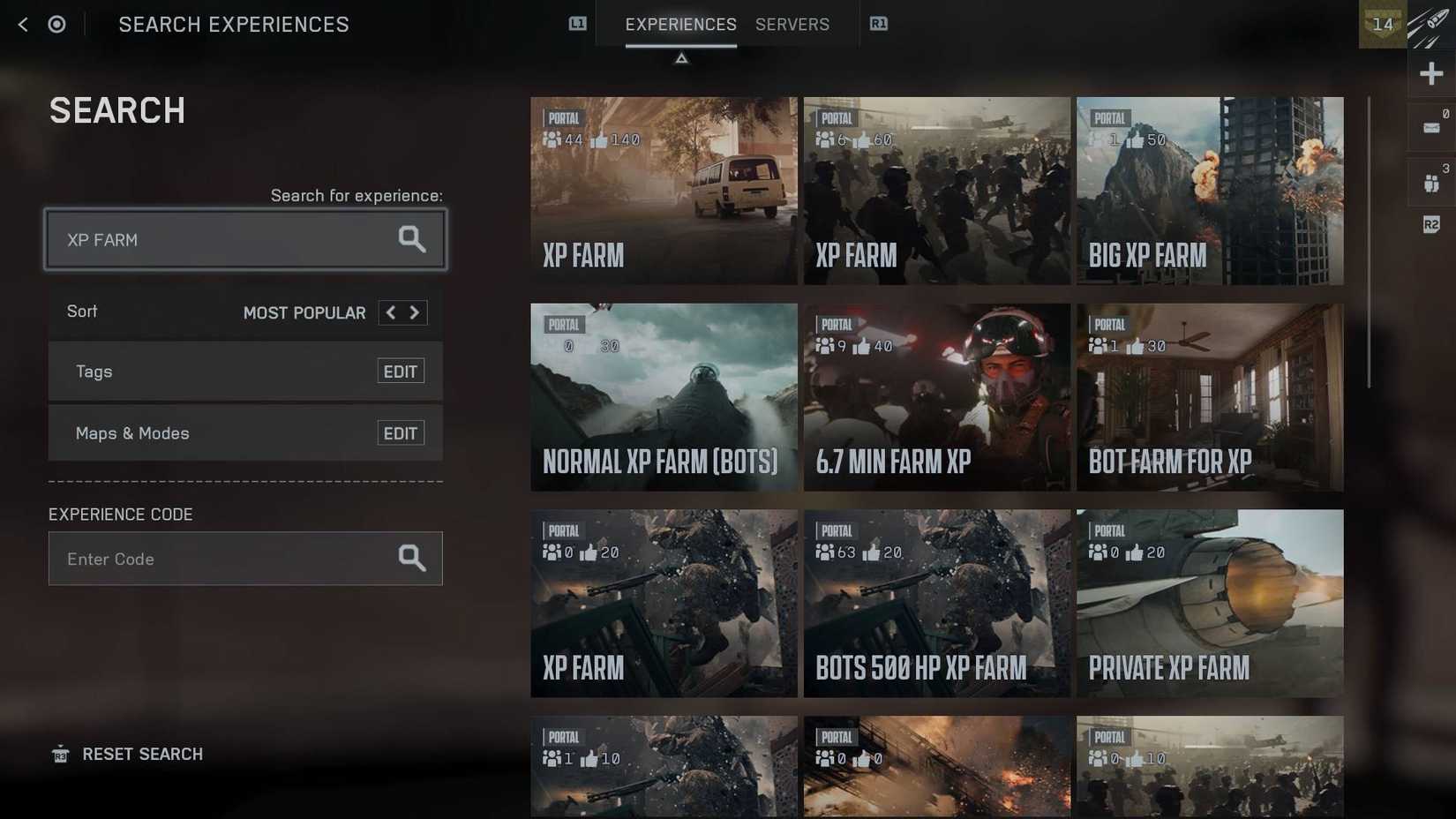 Uma captura de tela da guia de experiências da comunidade no Battlefield 6 com fazendas XP na barra de pesquisa.