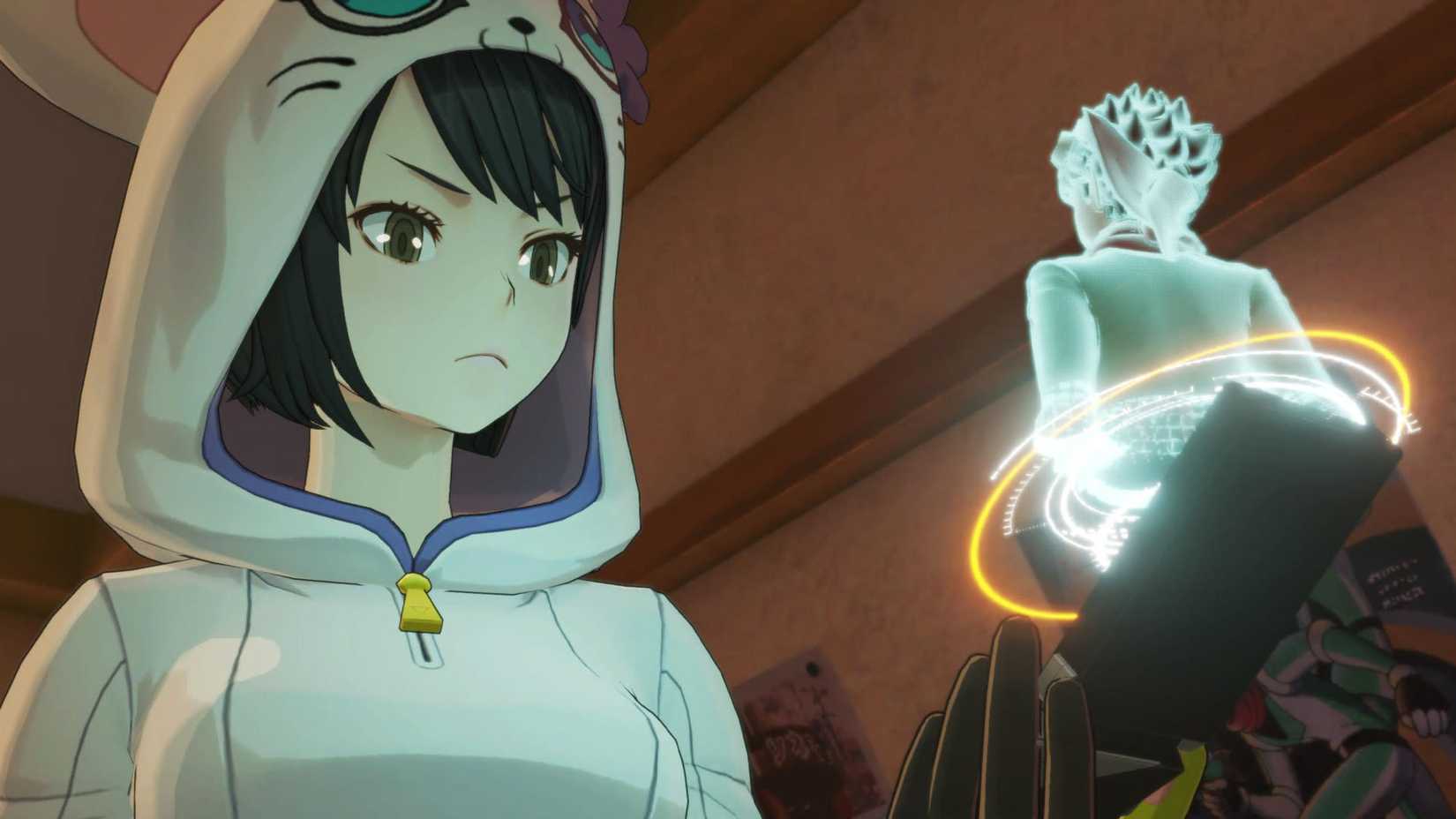 Kana Yuki conversando com um holograma de Dan Yuki em Digimon Story Time Strangers