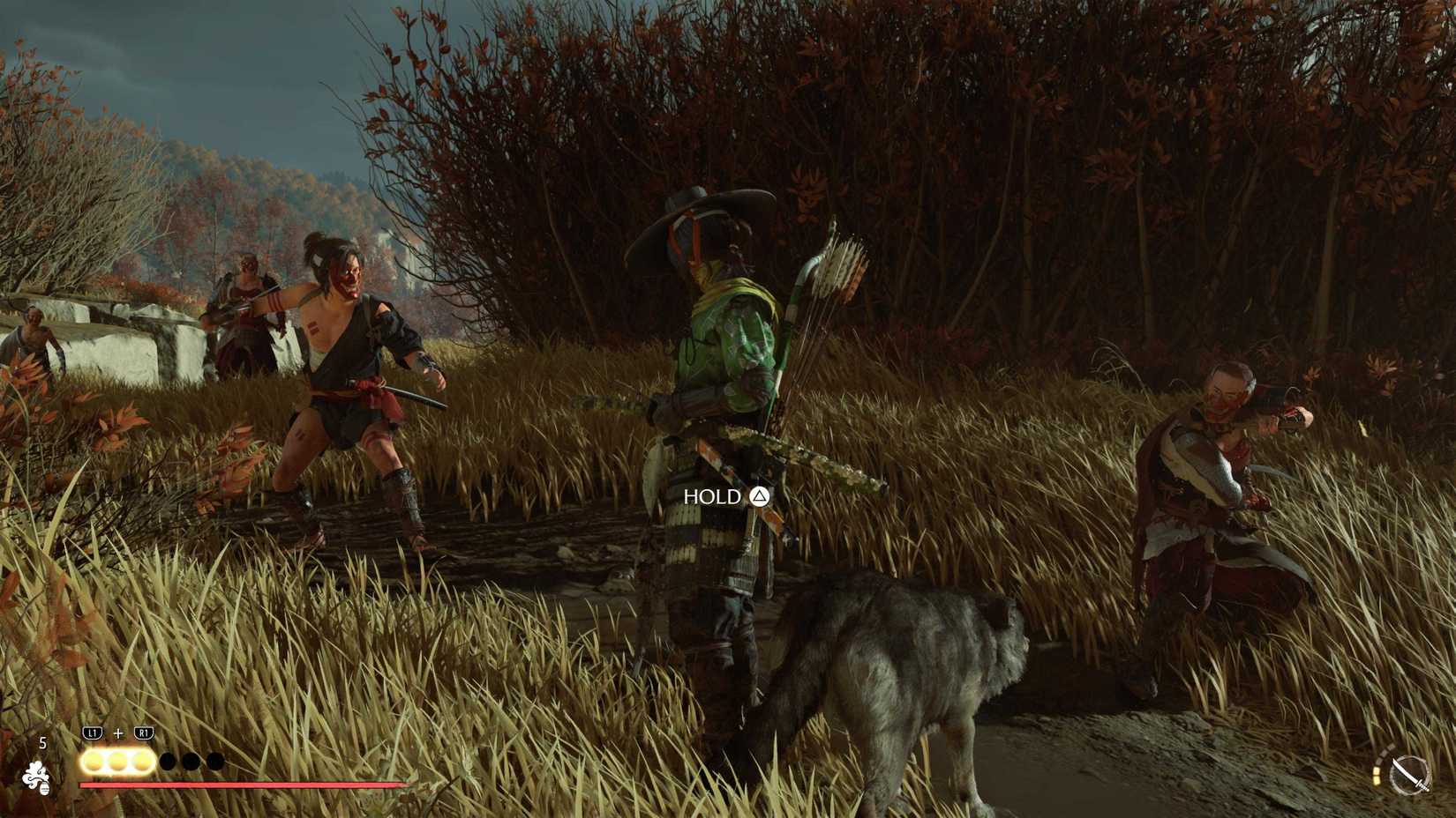 Atsu e seu companheiro lobo em um impasse contra os inimigos em Ghost of Yotei.