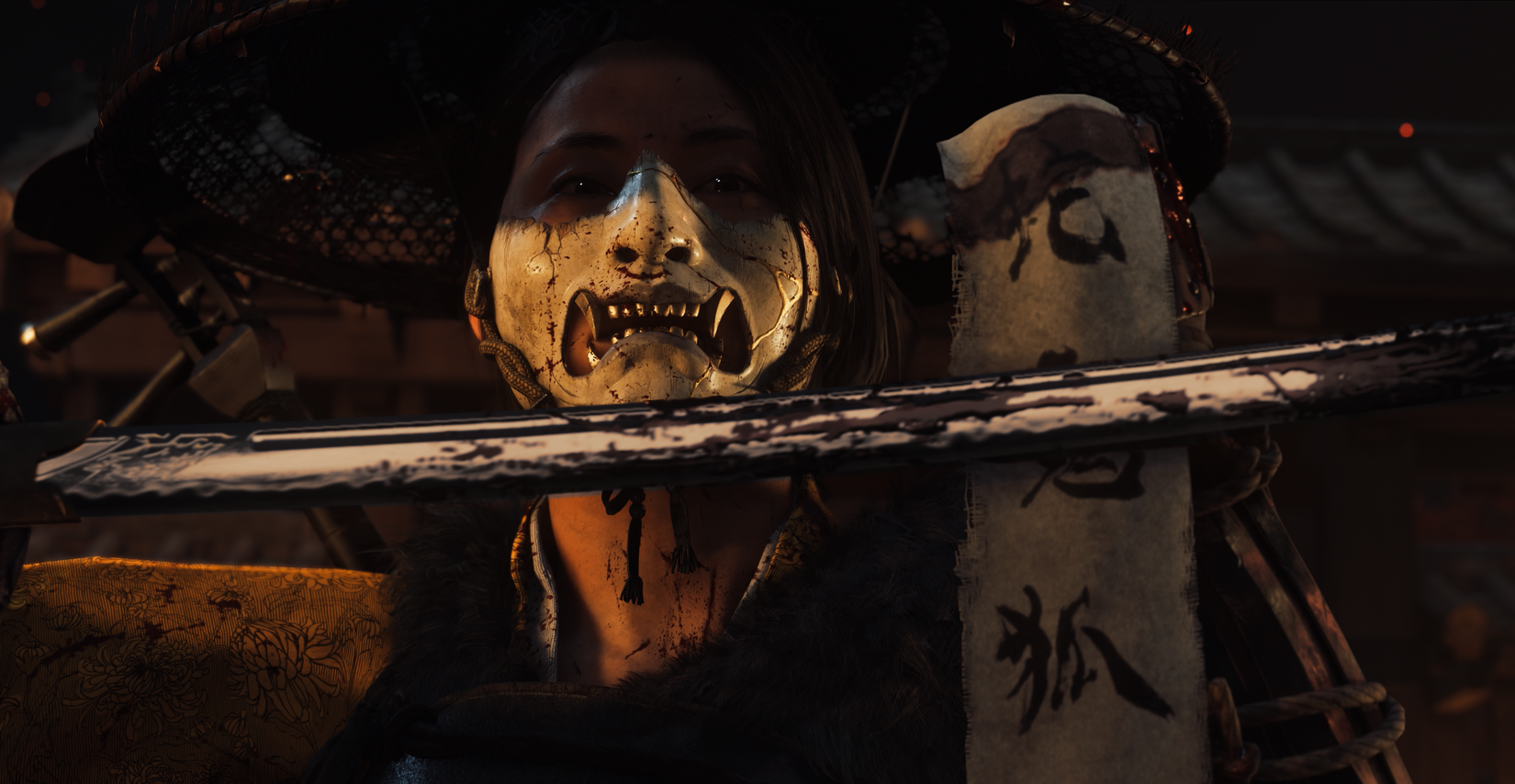 Atsu limpa o sangue de sua espada em Ghost of Yotei.