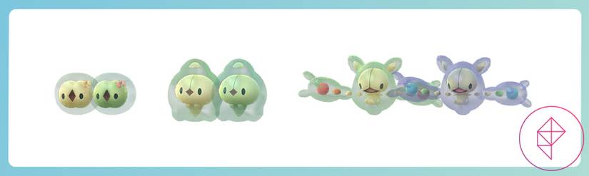 Shiny Solosis, Duosion e Reuniclus em Pokémon Go com suas formas regulares. Todos os brilhos são de um verde mais escuro muito sutil, enquanto o Reuniclus fica mais azul.