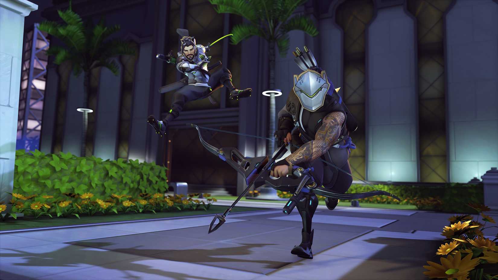 Genji usando uma máscara de Hanzo e Hanzo usando uma máscara de Genji em Overwatch 2