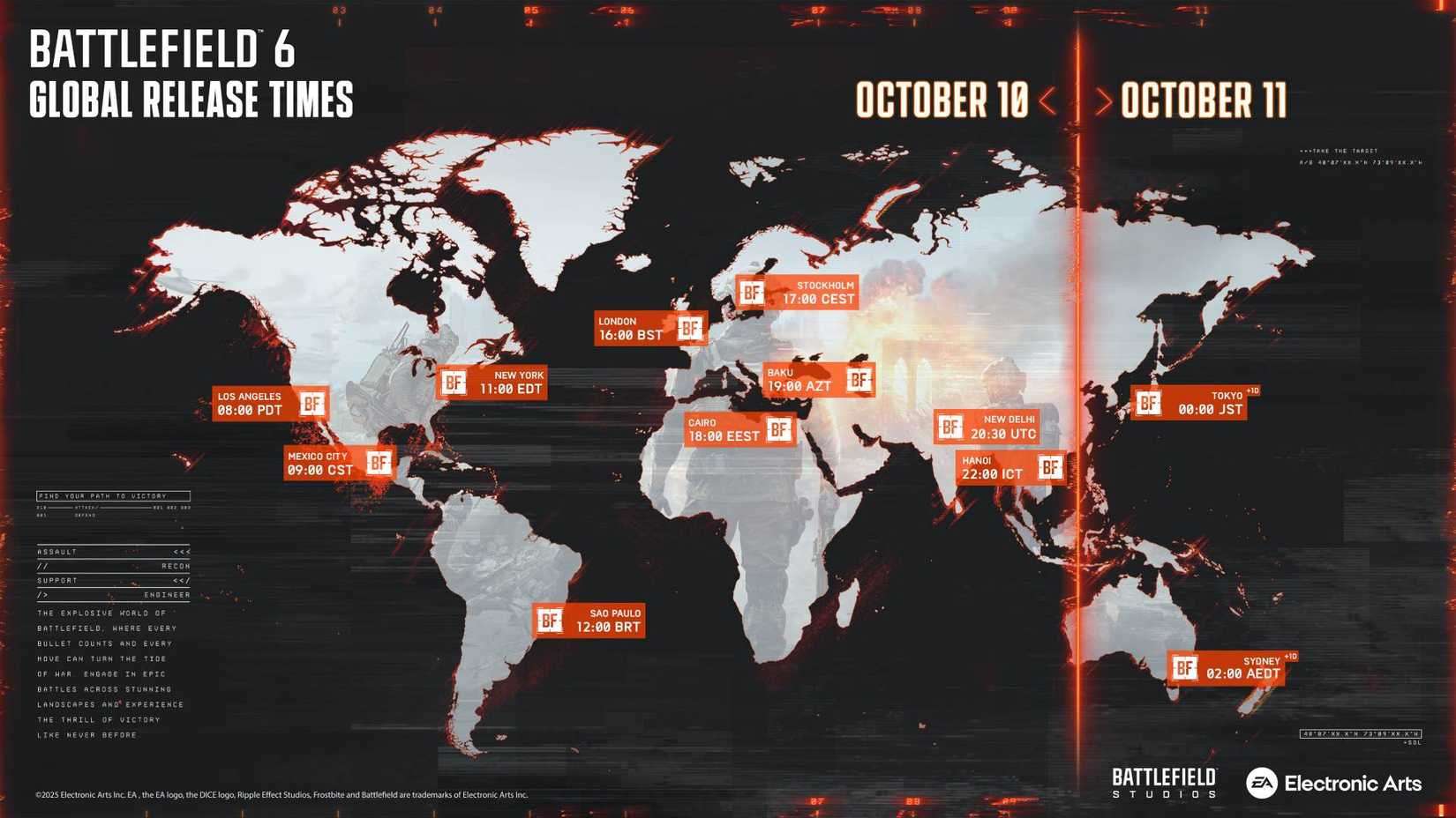 Um gráfico do mundo mostrando todos os horários de lançamento do Battlefield 6 em diferentes fusos horários.