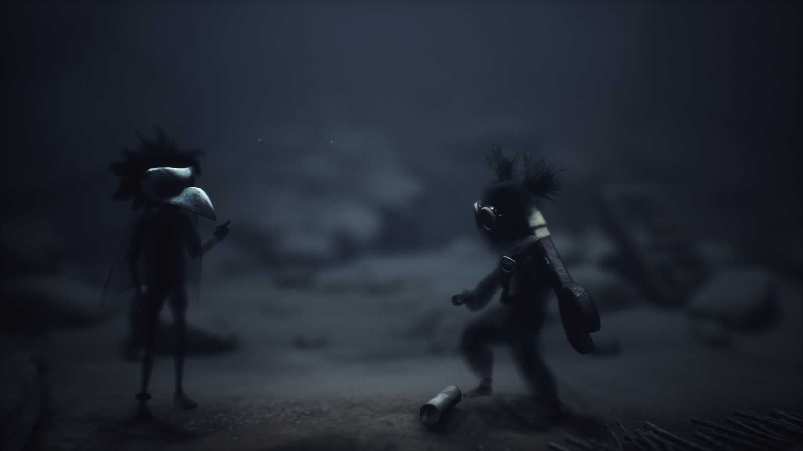 Uma cena muito embaçada e escura mostrando os protagonistas de Little Nightmares 3.