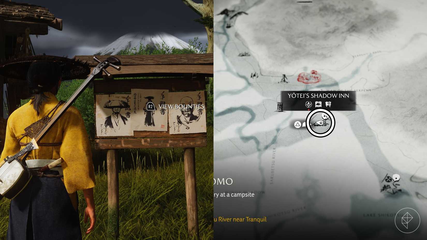 Uma montagem de dois fantasmas de Yotei, mostrando a localização do Shadow Inn de Yotei, onde você desbloqueia a sorridente Yoshimoto Bounty