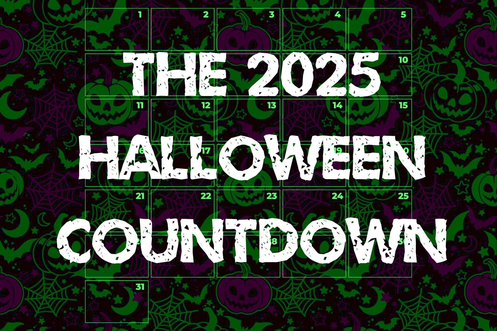 Uma imagem de calendário para a contagem regressiva de 2025 de Halloween, mostrando o mês de outubro contra um fundo assustador de abóboras e aranha