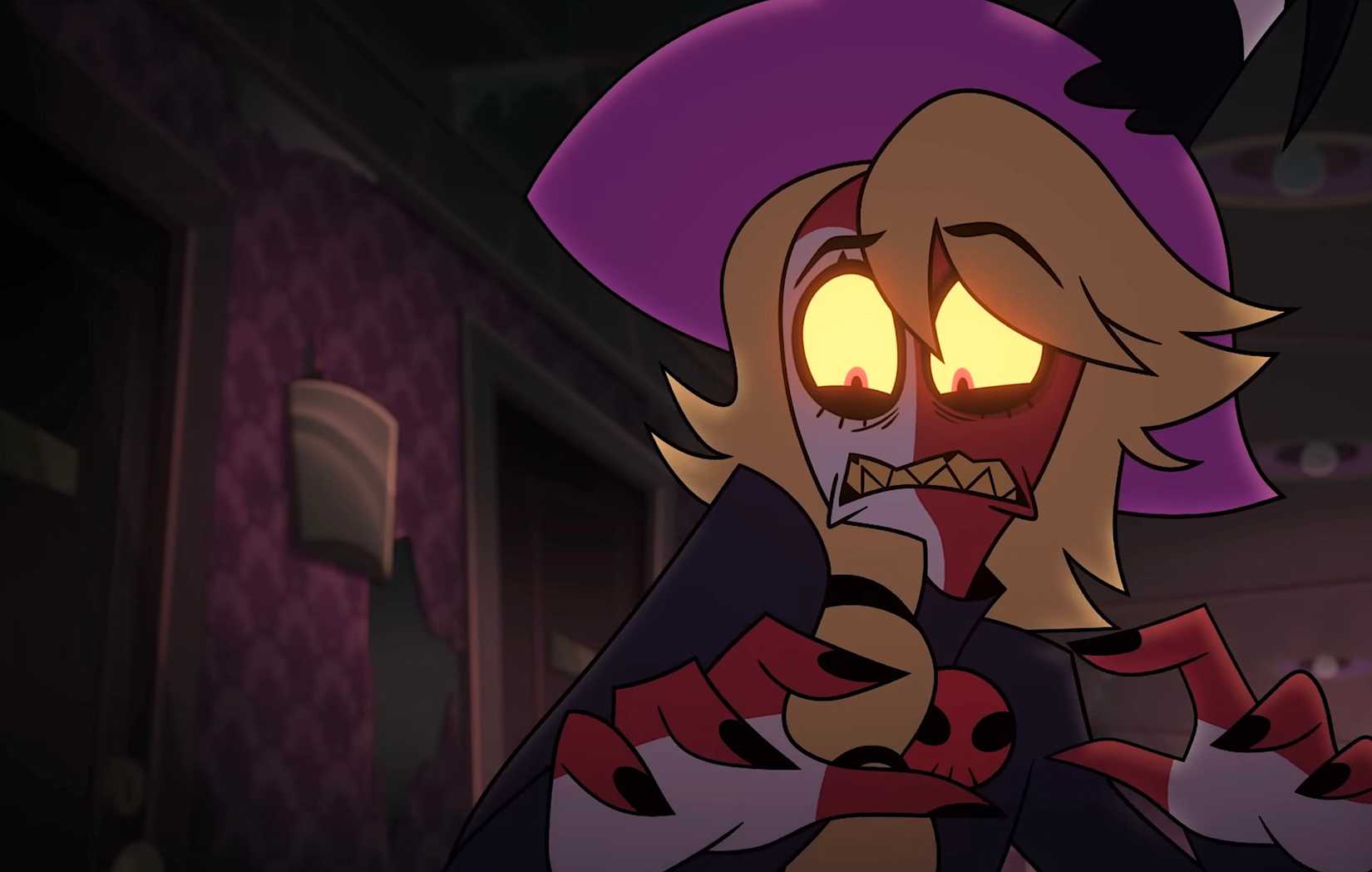 Blitzø, um diabrete animado de pele vermelha, parece aterrorizado em um episódio de Helluva Boss