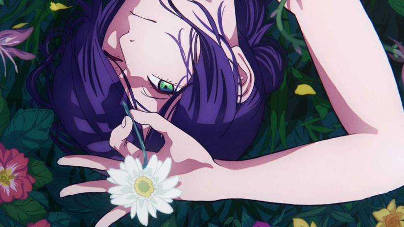 Imagem promocional de uma garota de anime de cabelo roxo segurando uma flor em Chainsaw Man – The Movie: Reze Arc.