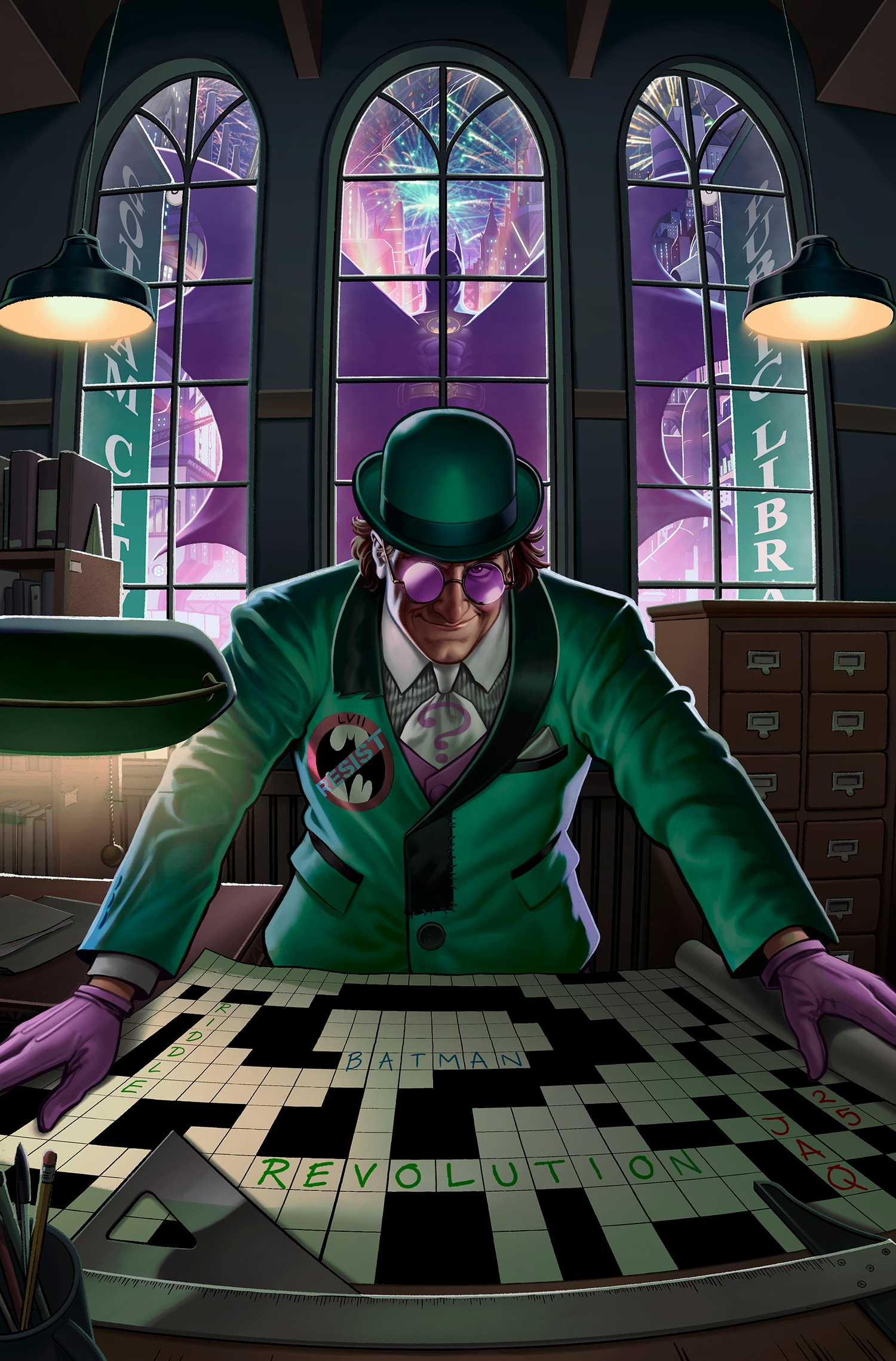 O ridículo do Batman Revolution, olhando para um quebra -cabeça cruzado do ponto de interrogação, com o Batman em segundo plano