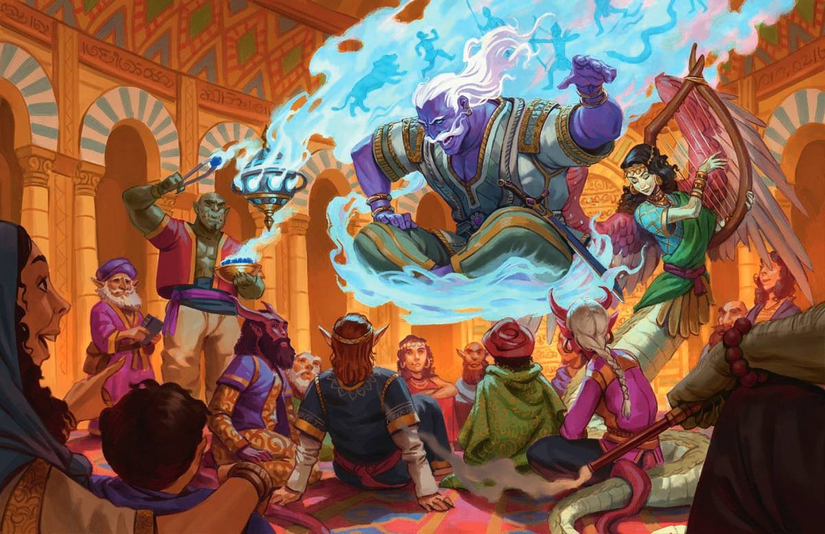 A arte -chave das missões de Dungeons & Dragons da escada infinita mostra uma grande aparência roxa para uma multidão de elfos, trolls e outras pessoas.