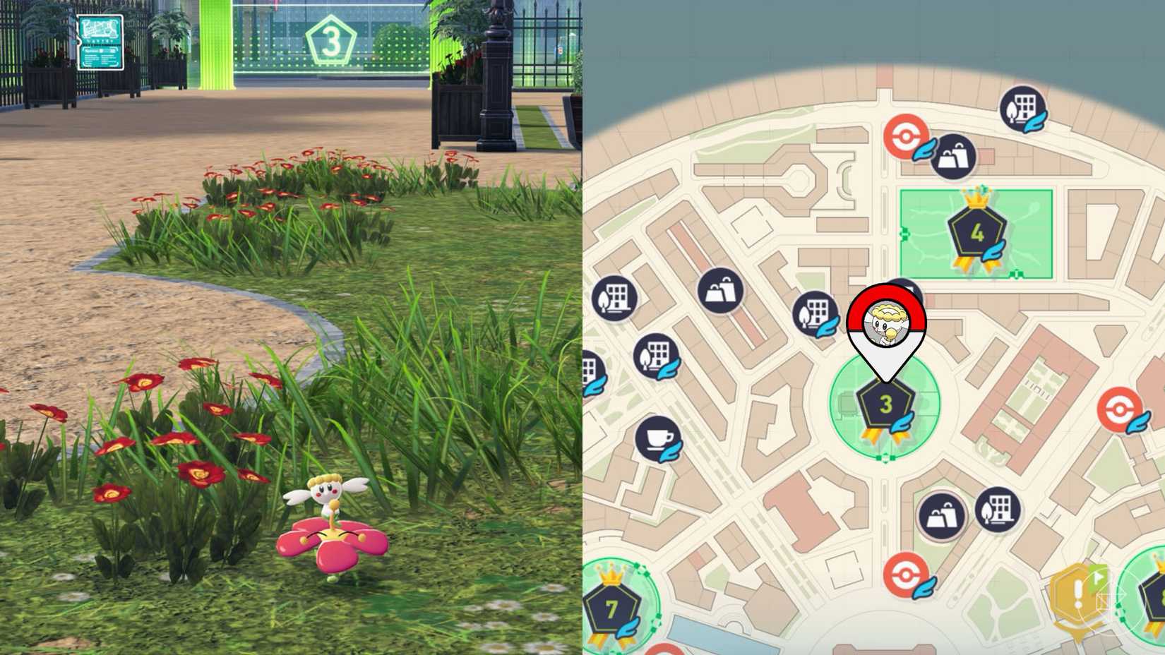 Um Flabébé vermelho sentado em um canteiro de flores vermelhas em Pokémon Legends: ZA.
