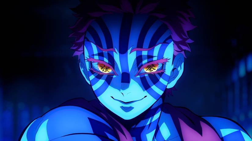Akaza retorna sob um tom azul em Demon Slayer Infinity Castle Still 2 