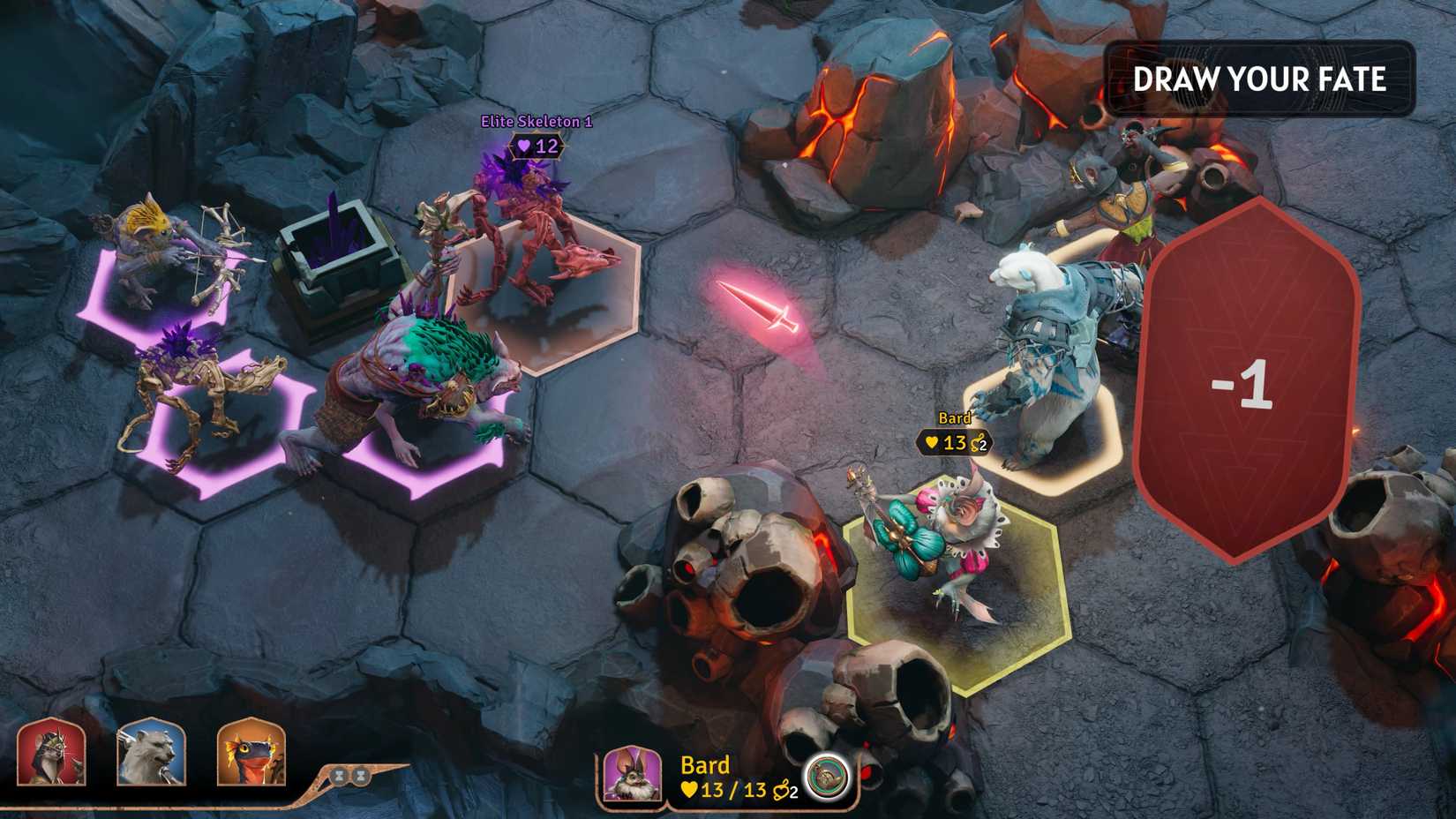 Jogador de Sunderfolk comprando uma carta de destino durante uma batalha que diz -1.