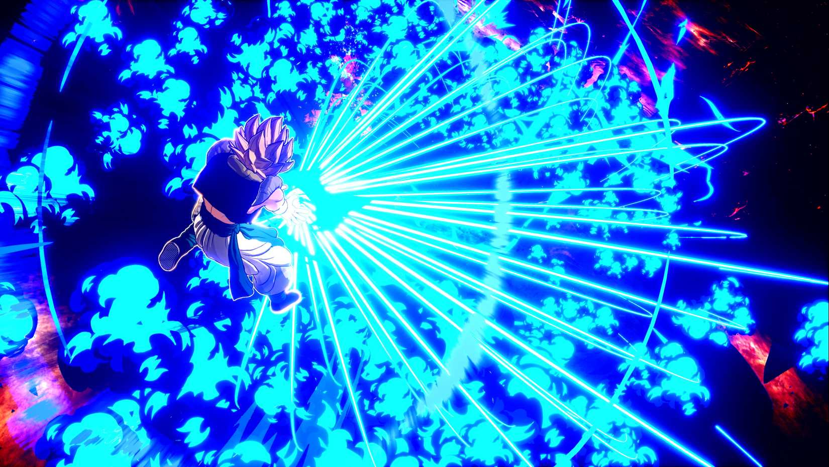Super Saiyan Gogeta usando uma explosão em Dragon Ball Sparking Zero.