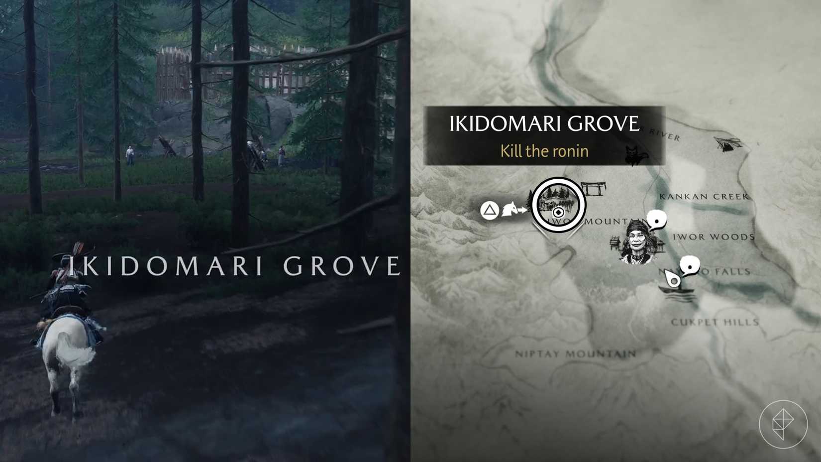 Uma montagem de duas capturas de tela do Ghost of Yotei mostrando a localização do Bosque Ikidomari, onde os jogadores podem começar "A cara de um mestre" missão paralela