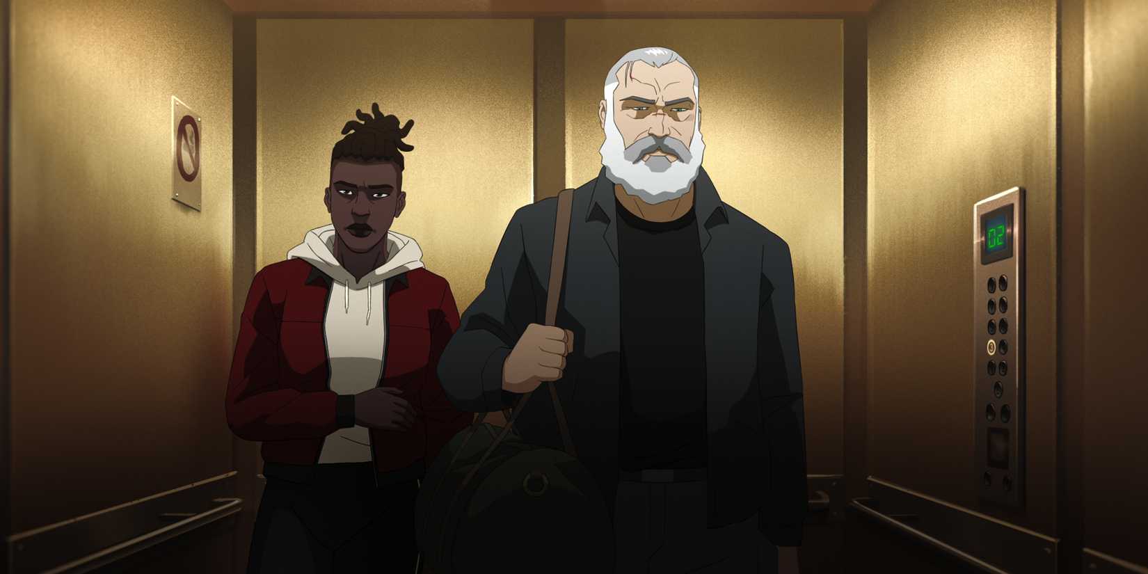 Captura de tela de McKenna e Fisher em um elevador. Ambos estão feridos, com McKenna agarrado ao seu lado, enquanto Fisher tem sangue na cabeça.