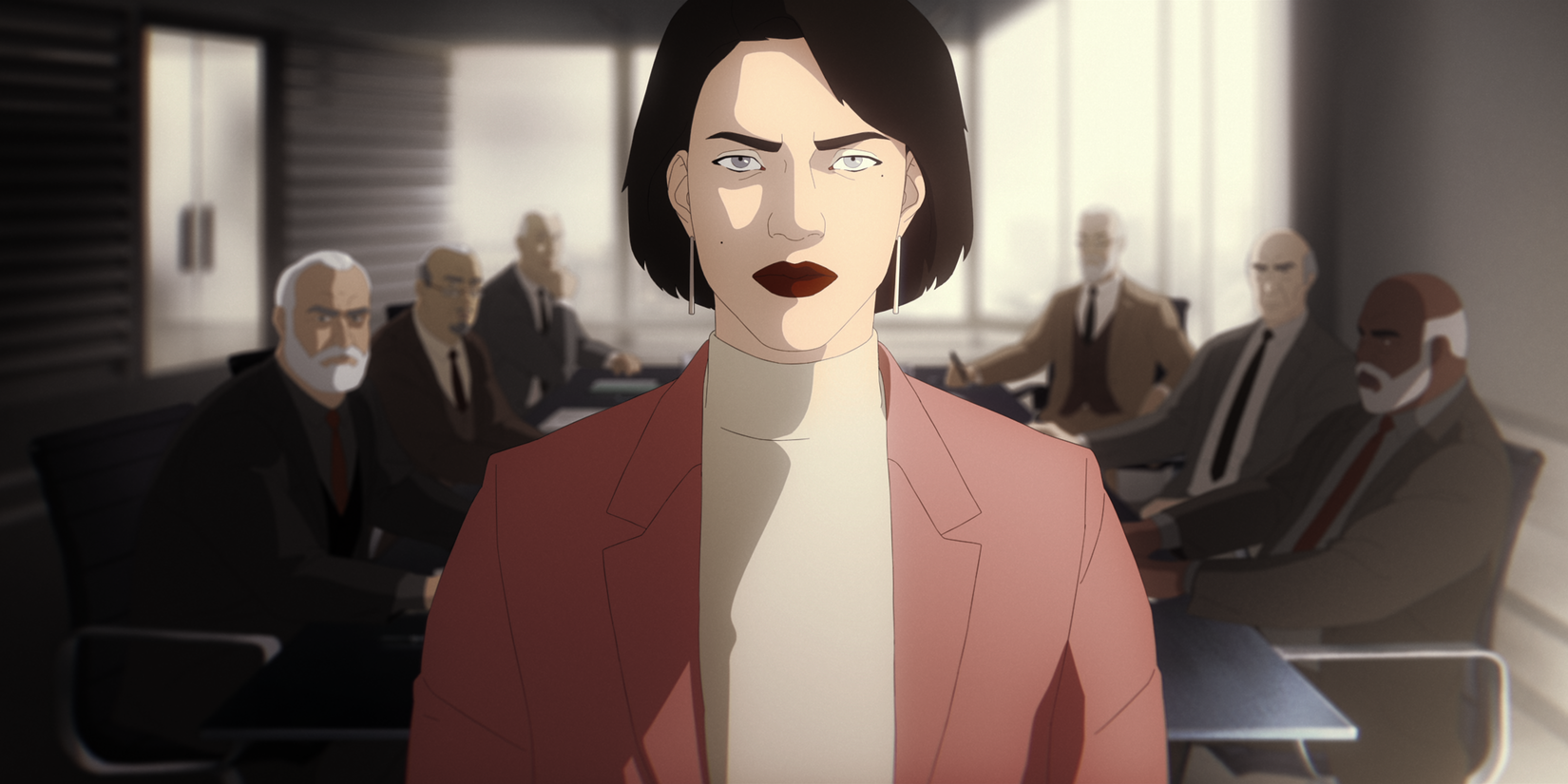 Uma imagem importante do Splinter Cell Deathwatch da Netflix. Diana Shetland, vestindo um blazer rosa e gola alta branca, está na sala de reuniões cheia de velhos.