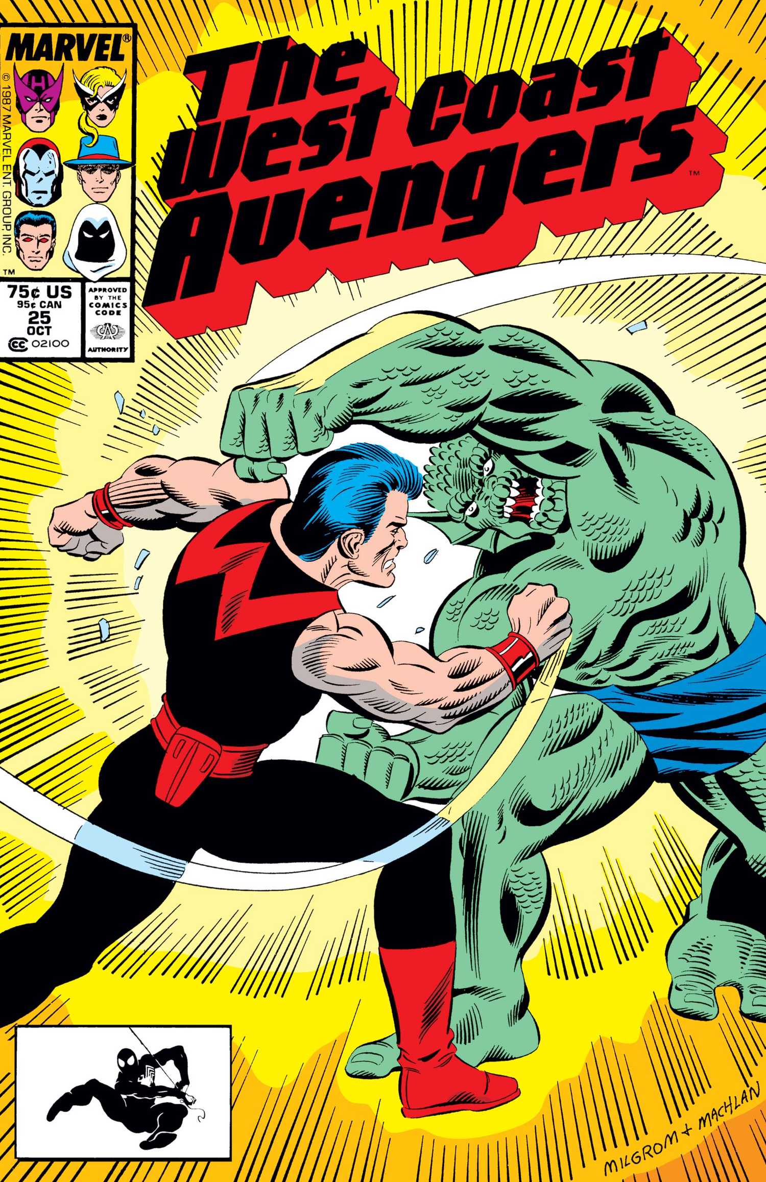 capa de quadrinhos de West Coast Avengers # 25, o musculoso Homem Maravilha e o horrível Abominação estão trocando socos