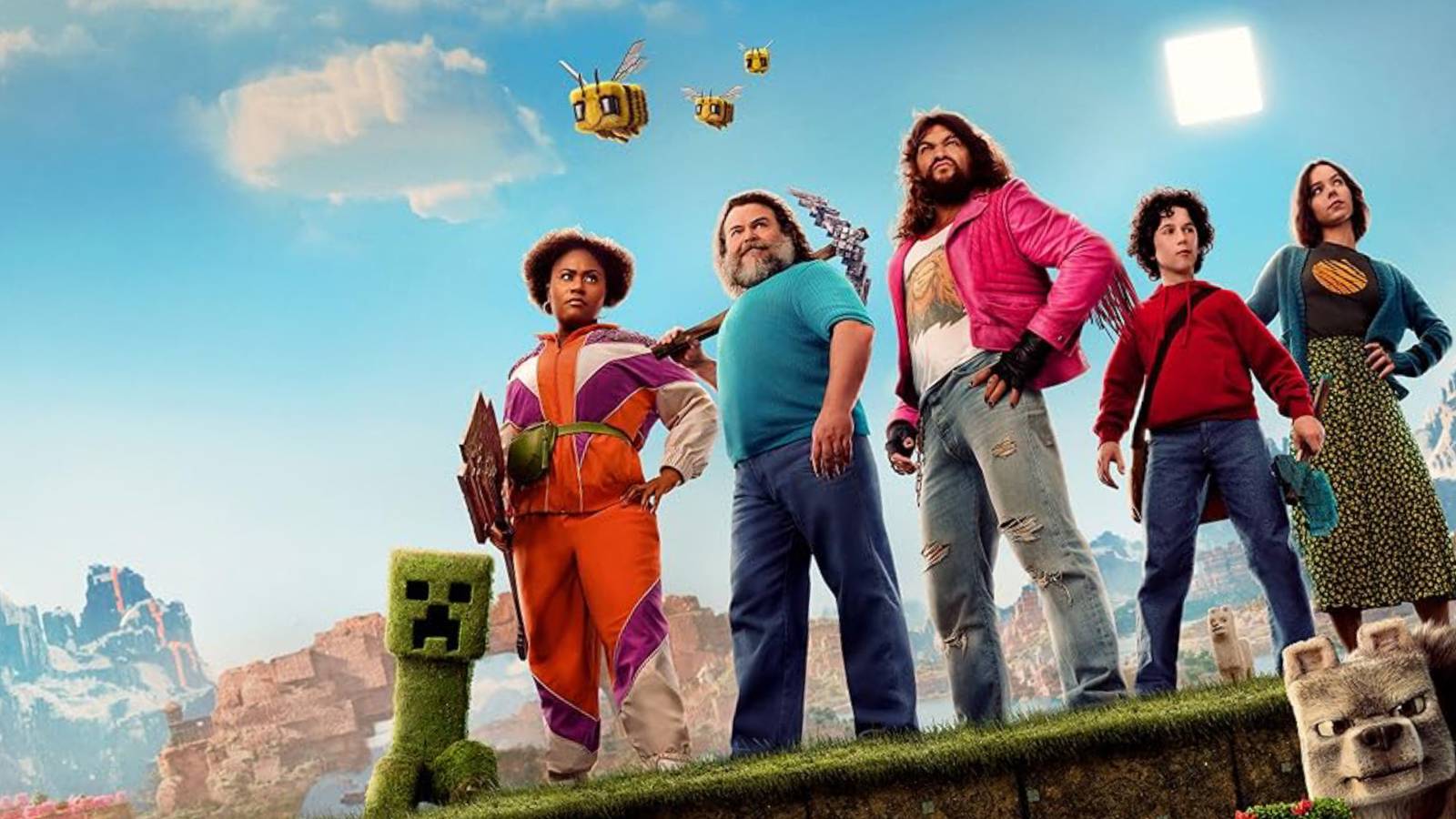 O elenco de A Minecraft Movie está lado a lado.
