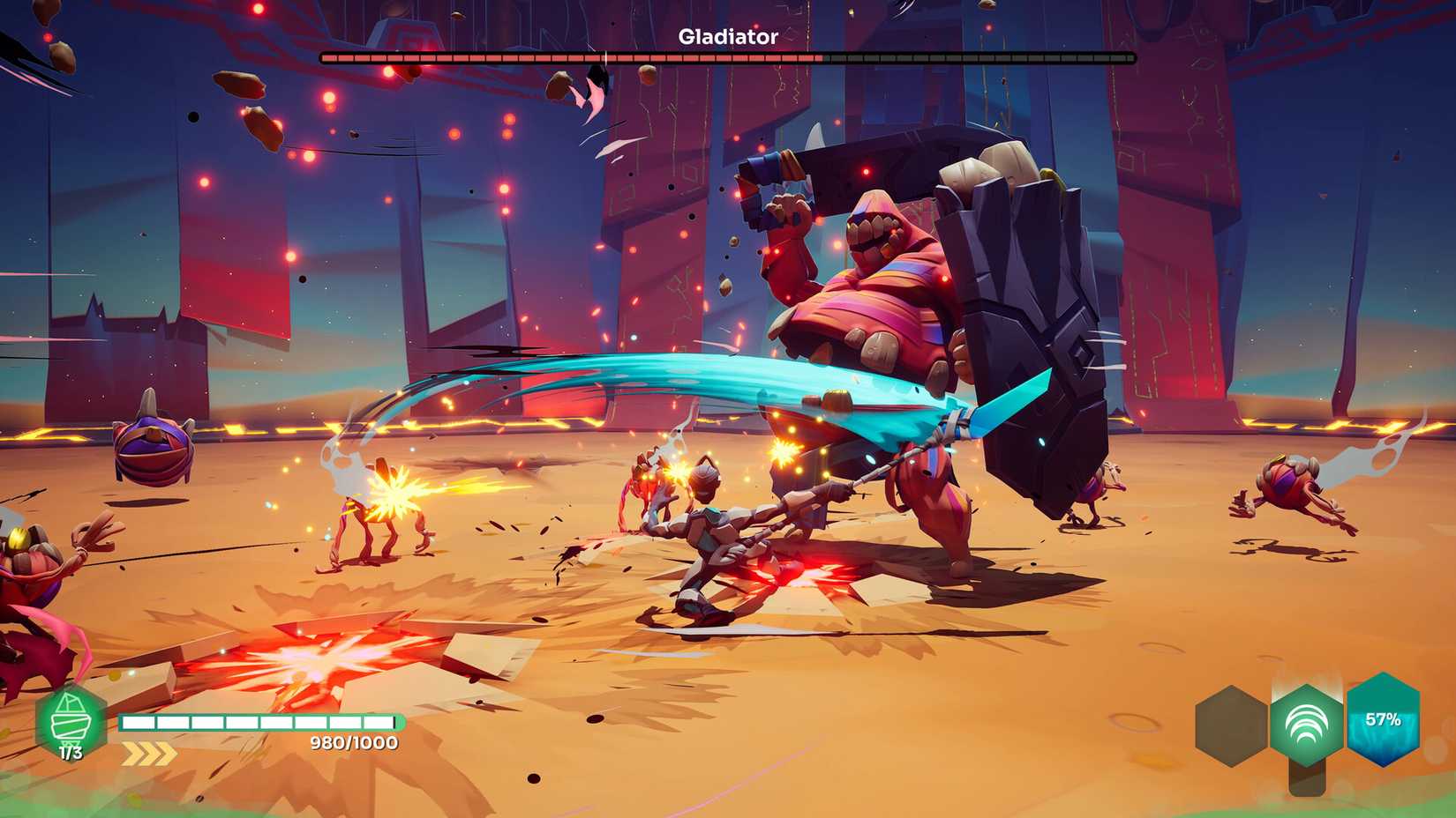Os personagens lutam contra um Gladiador em Godbreakers.