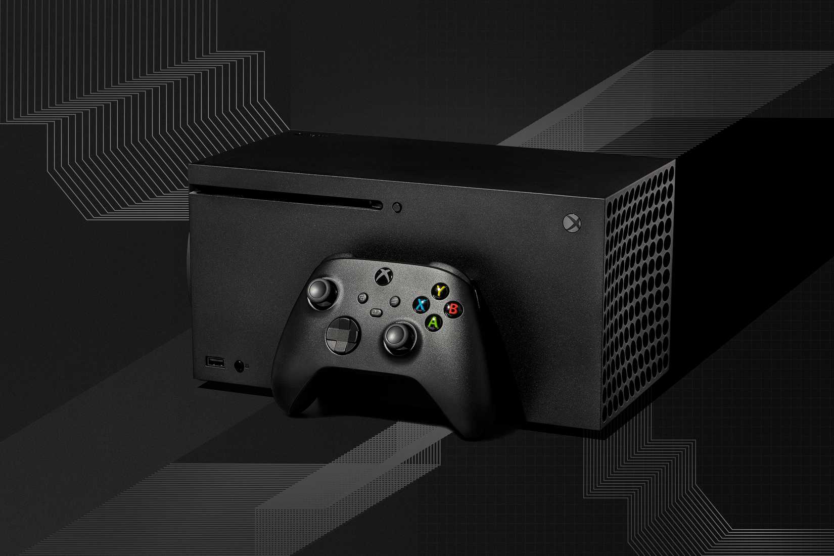 Xbox Series X Console e controlador em um fundo linear gráfico