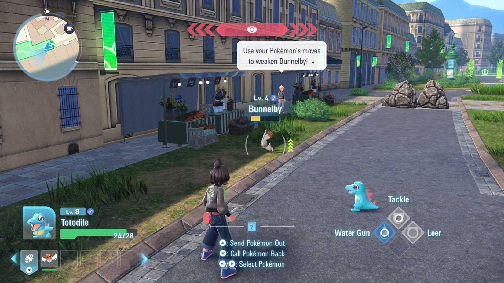 Mirando em Bunnelby em Pokémon Legends: ZA enquanto Urbain grita dicas do fundo.