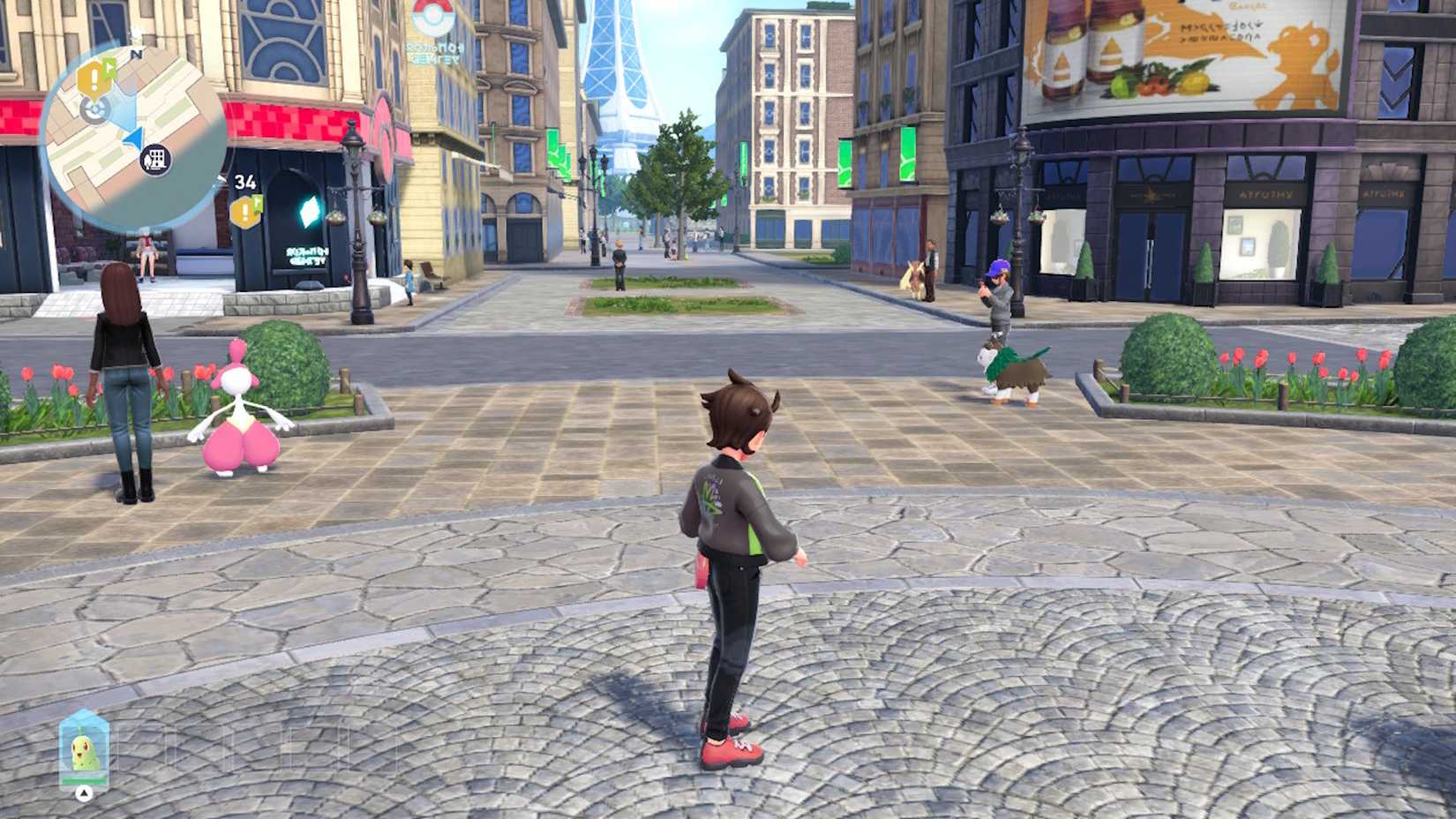 O personagem do jogador perto de um Centro Pokémon em Legends ZA