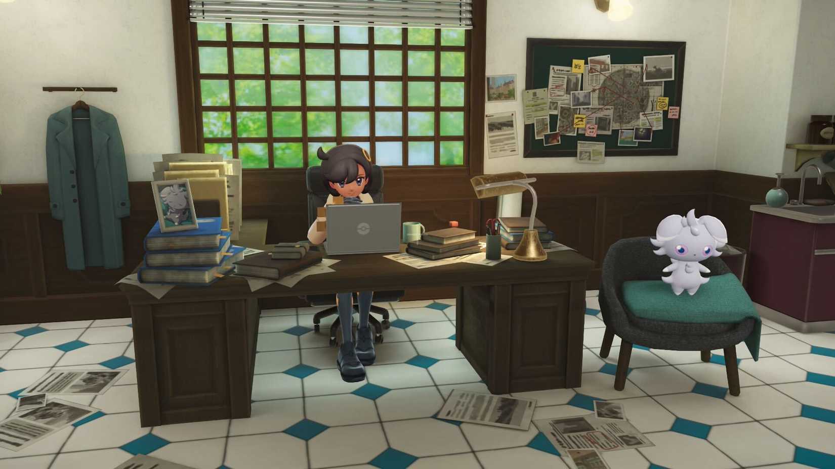 Emma está sentada em uma mesa em Pokémon Legends: ZA.