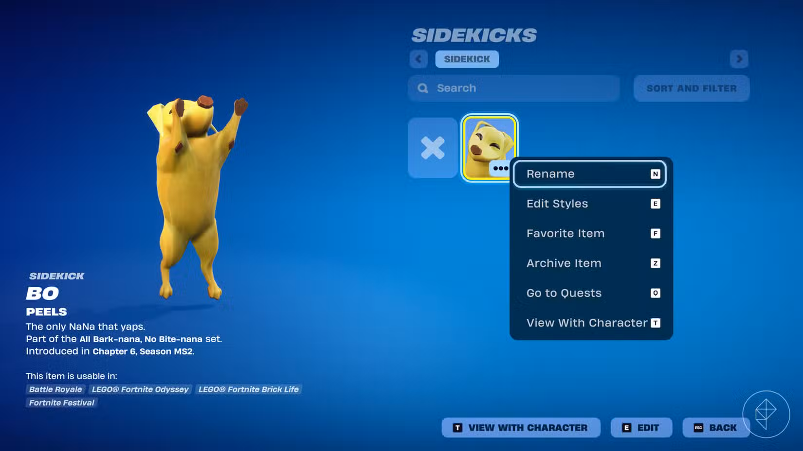 O menu de renomeação do Sidekick em Fortnite.