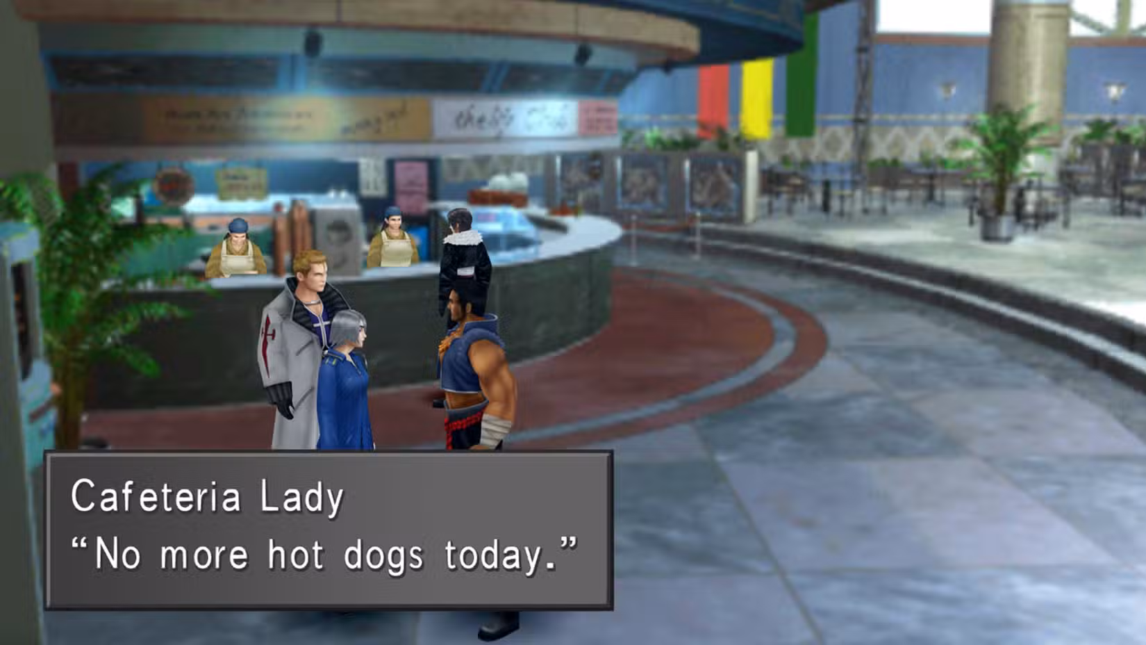 Uma captura de tela de Final Fantasy 8 mostrando a Cafeteria Lady dizendo "Não há mais cachorros-quentes hoje."