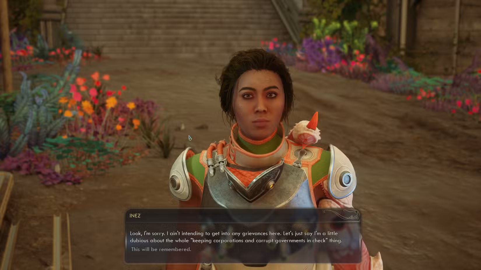 Um jogador conversando com Inez em Outer Worlds 2 onde o texto "Isso será lembrado" aparece