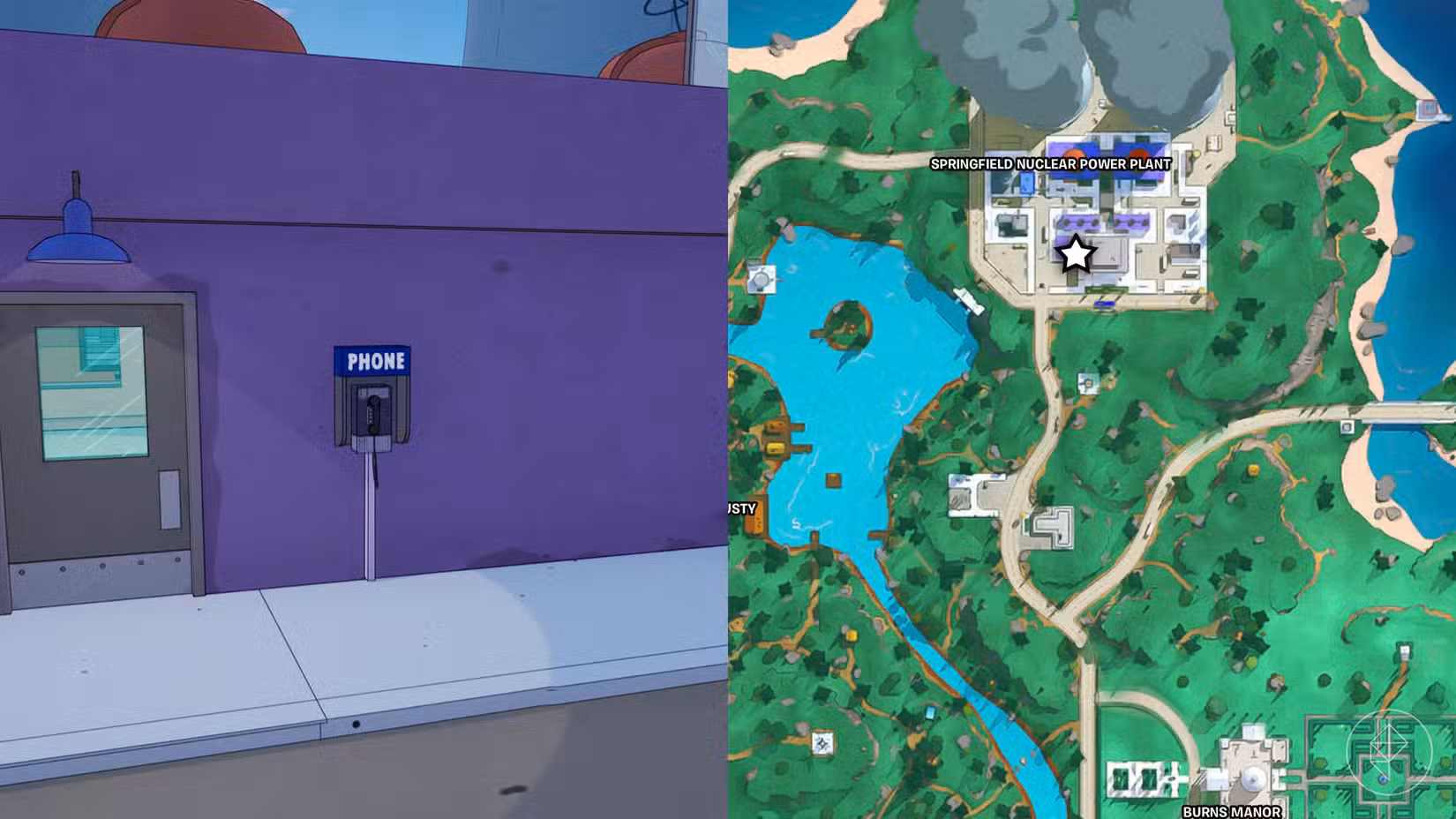 Um telefone público em uma parede roxa na Usina Nuclear de Springfield em Fortnite.