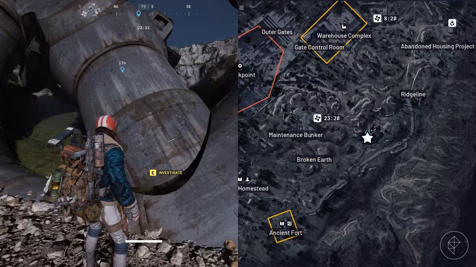 Uma imagem dividida com o lado esquerdo mostrando o personagem do jogador na frente do objetivo e o lado direito mostrando a localização do mapa que ele deve visitar em Arc Raiders.