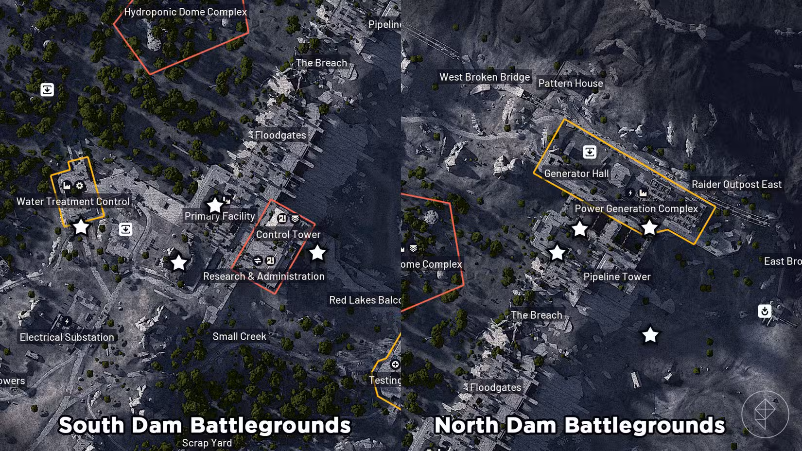 Locais de estações de chamada marcadas no mapa de Dam Battlegrounds em Arc Raiders.