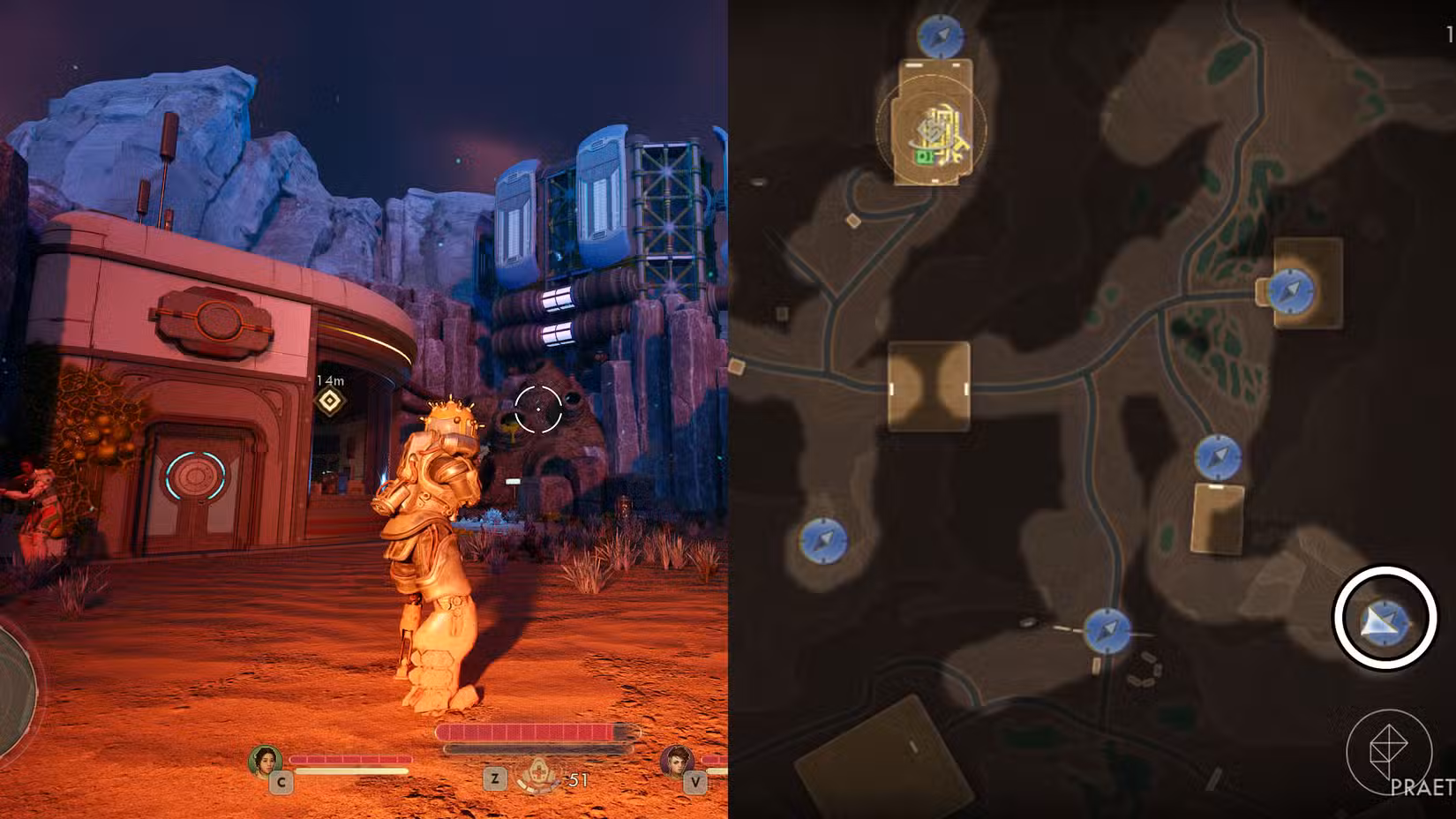 Uma montagem de duas capturas de tela de The Outer Worlds 2 mostrando a localização da torre sudeste do pára-raios