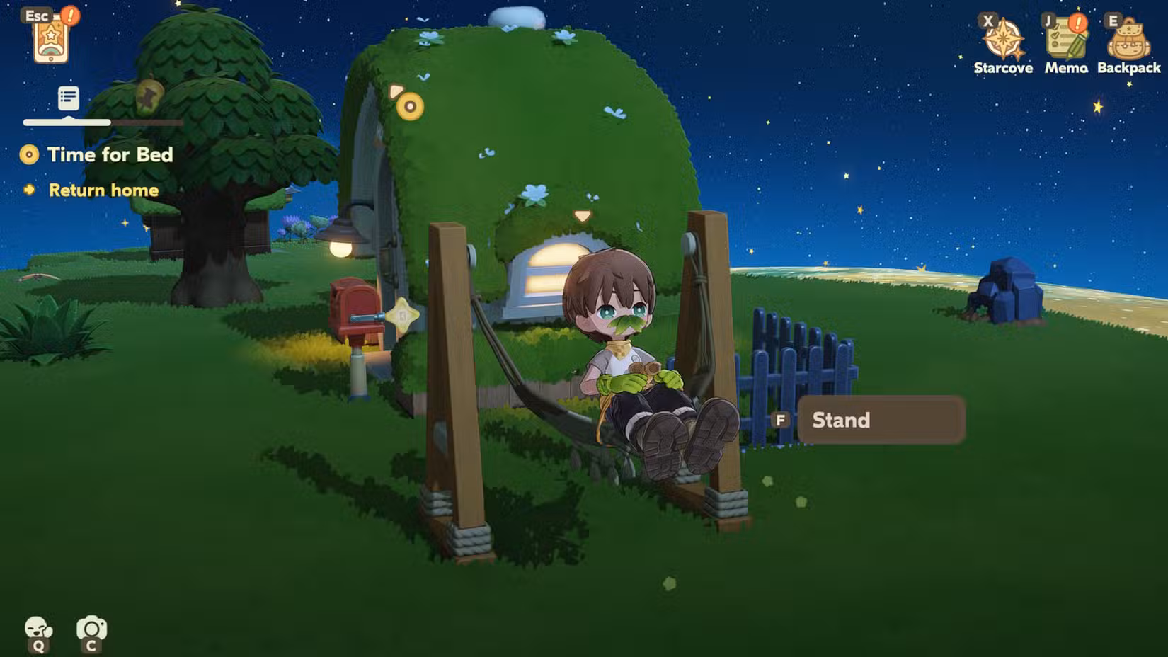 Um personagem do jogador em um balanço no Petit Planet