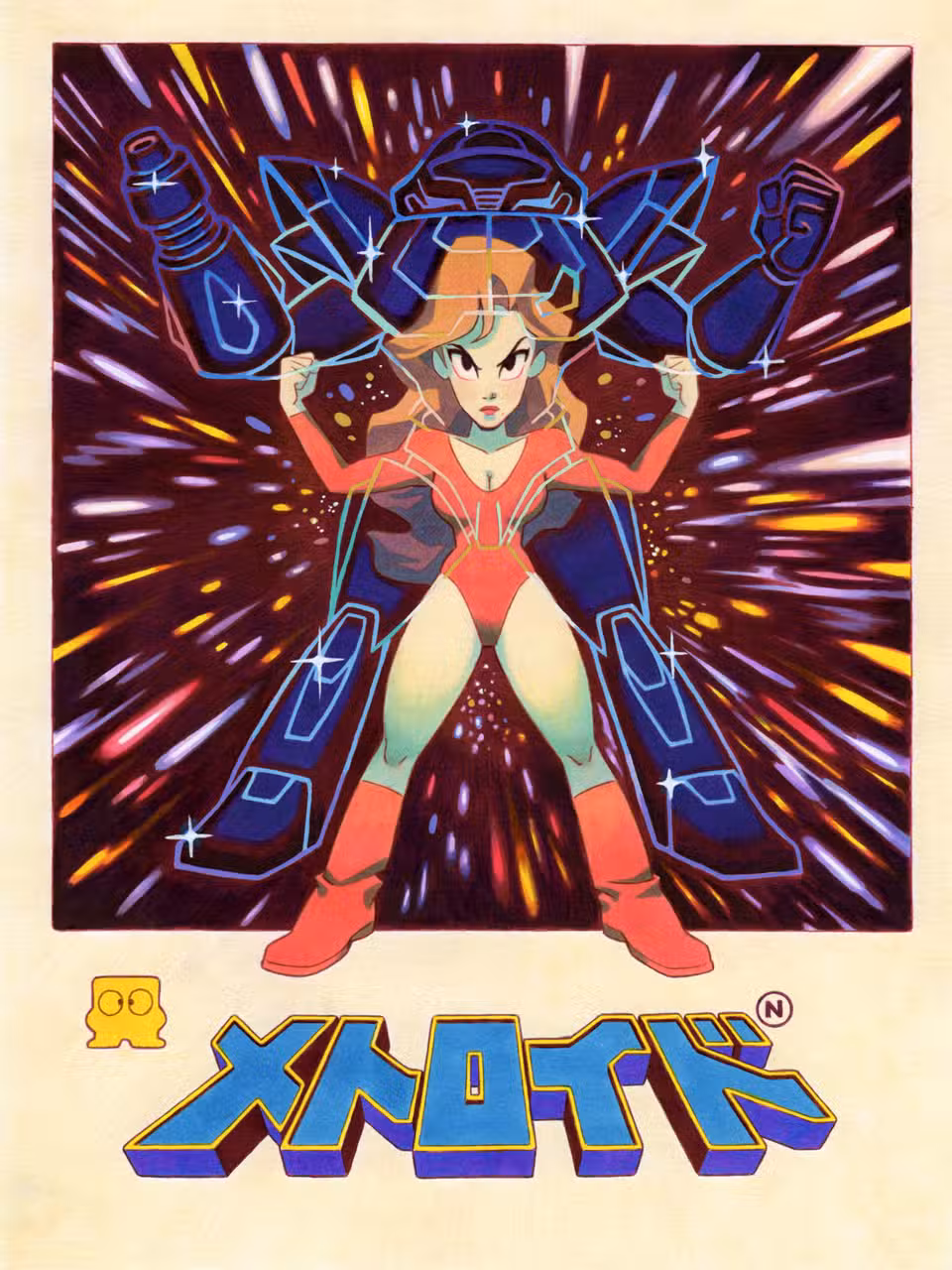 Uma obra de arte retrata Samus de Metroid em estilo anime.
