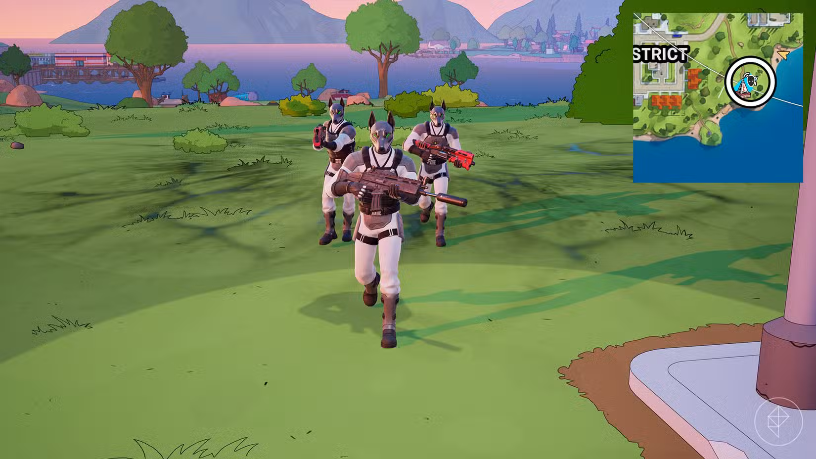 Um trio de Dober Men caminhando ameaçadoramente em Fortnite.